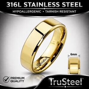 Women’s Flat Band Gold Over 316L Stainless Steel Ring 6mm width size  7